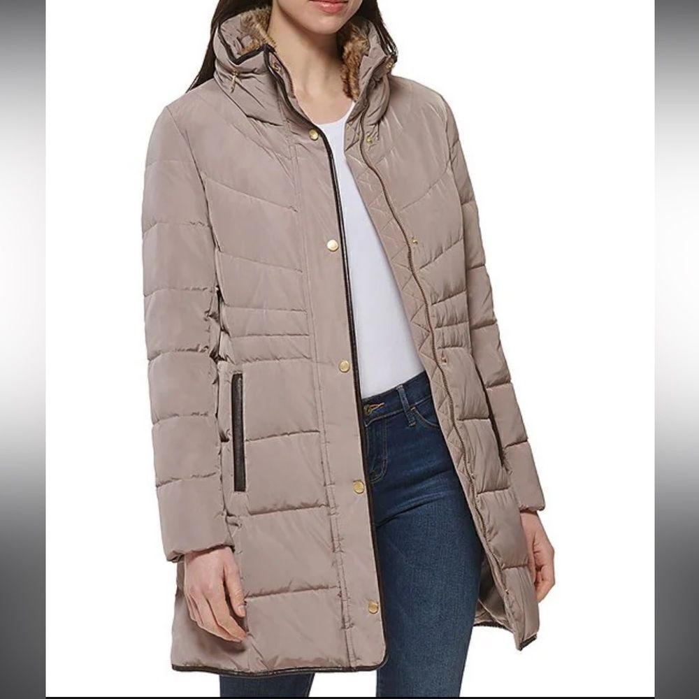 Cole Haan‎ Signature Zip Front Faux Fur Lined Down Puffer Coat Beige Small, NWT
